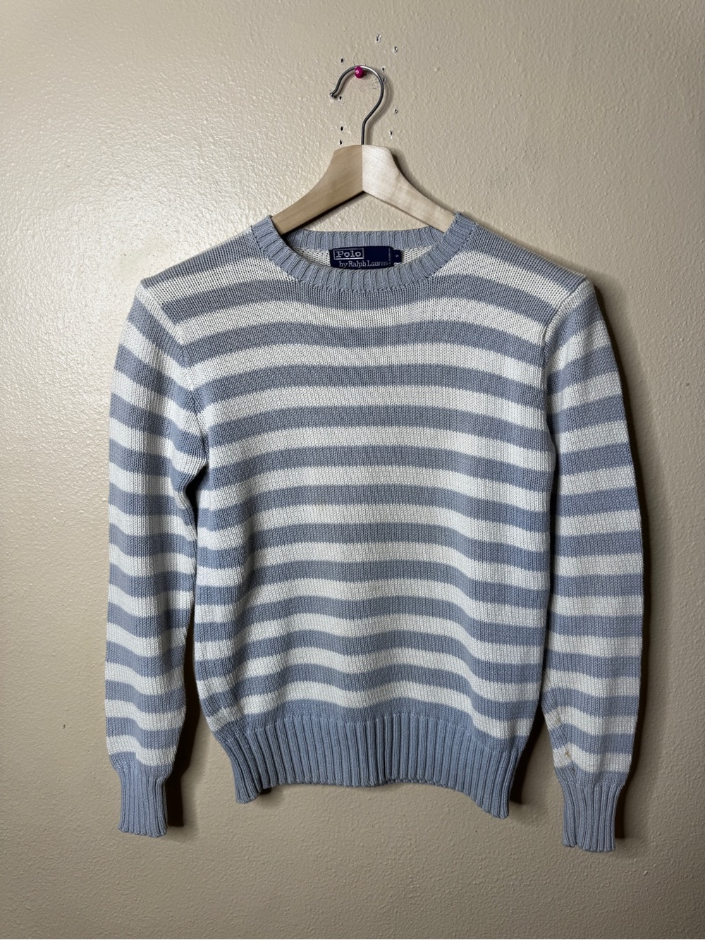 VTG Polo Ralph Lauren Sweater Mens Small Blue White Striped Cotton Crewneck